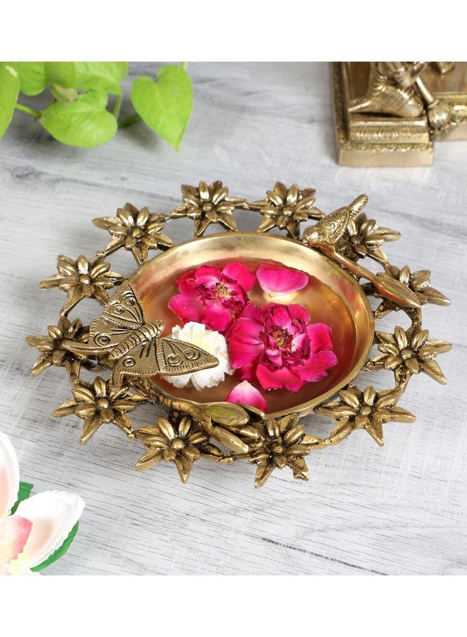 Two Moustaches Traditional Flowers Bird and Butterfly Style Brass Urli Bowl, Brass Urli Bowl for Home Decor, Brass Urli Pot, Urli Decoration Bowl, Standard, Pack of 1 - Image 1