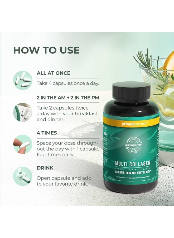 Primal Harvest Multi Collagen Pills For Women And Men (Type I, Ii, Iii, V, X) 120 Capsules W/Vitamin C For Hair, Skin, Nails  - Image 3