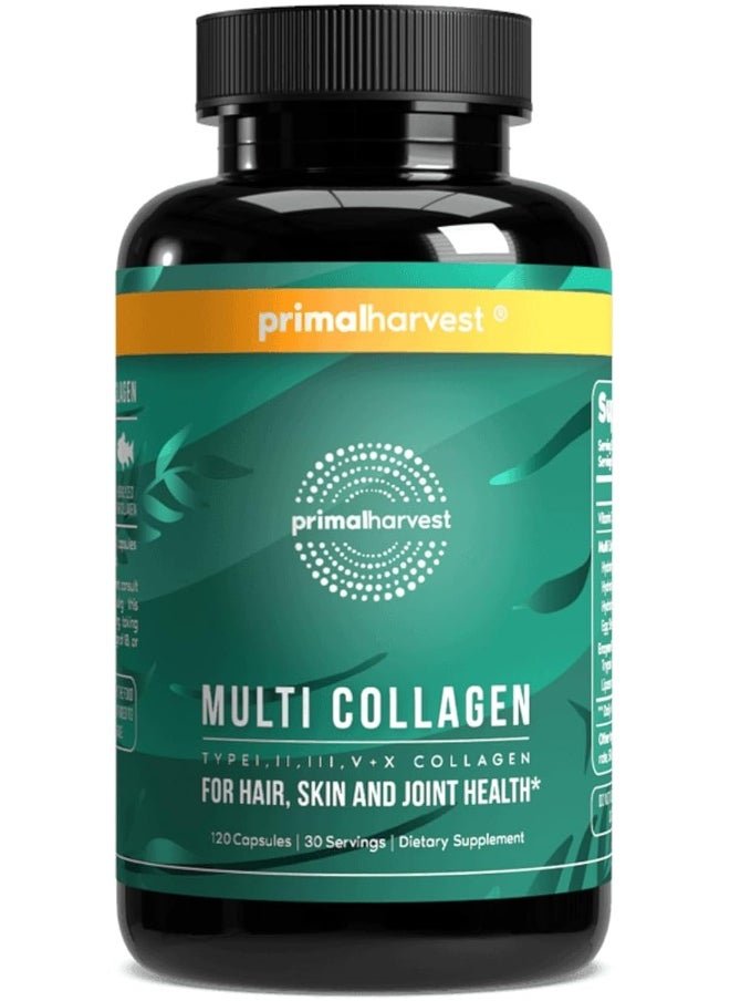 Primal Harvest Multi Collagen Pills For Women And Men (Type I, Ii, Iii, V, X) 120 Capsules W/Vitamin C For Hair, Skin, Nails  - Image 1