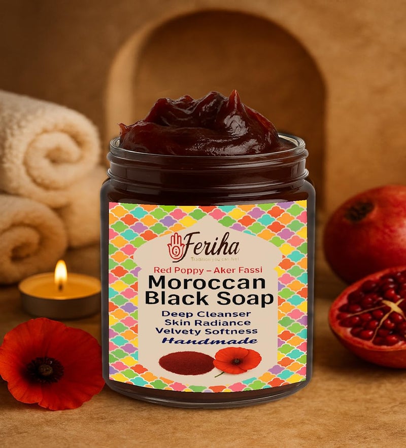 FERIHA Moroccan Black Soap with Aker Fassi â€“ Red Poppy Petals & Pomegranate Shell â€“ 100% Natural Artisan Beldi Hammam Soap for Radiance, Skin Firming & Deep Cleansing â€“ Sourced & Crafted in Morocco - Image 5