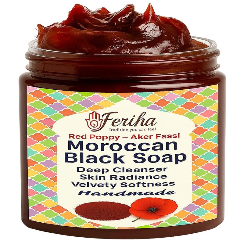 FERIHA Moroccan Black Soap with Aker Fassi â€“ Red Poppy Petals & Pomegranate Shell â€“ 100% Natural Artisan Beldi Hammam Soap for Radiance, Skin Firming & Deep Cleansing â€“ Sourced & Crafted in Morocco - Image 1