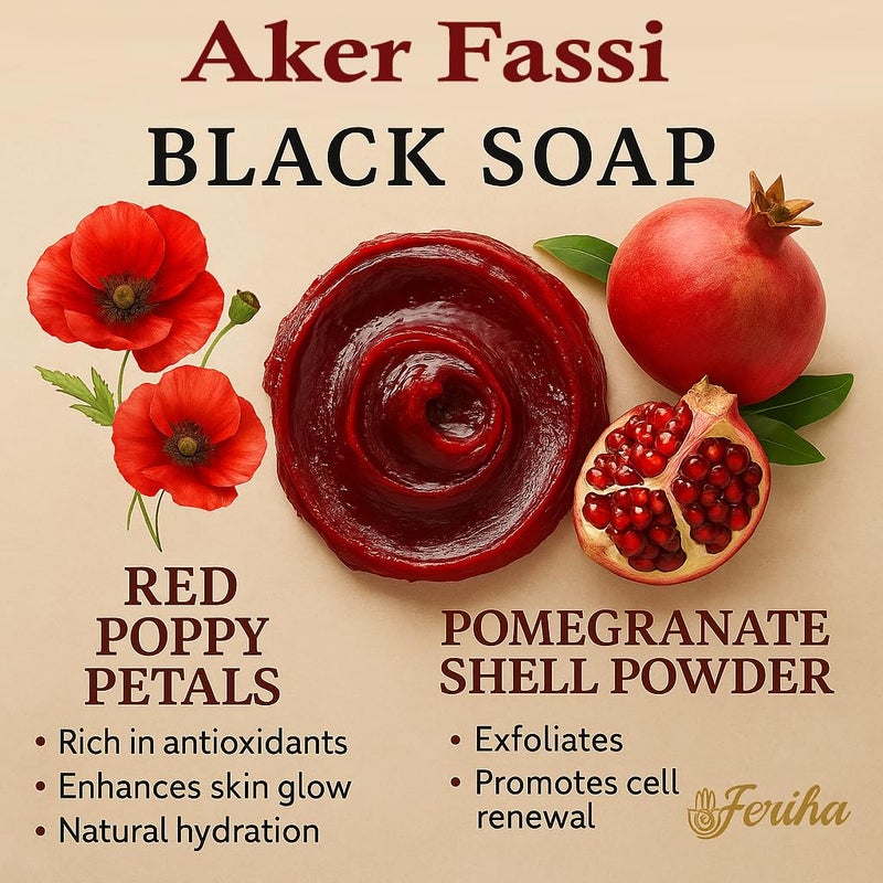 FERIHA Moroccan Black Soap with Aker Fassi â€“ Red Poppy Petals & Pomegranate Shell â€“ 100% Natural Artisan Beldi Hammam Soap for Radiance, Skin Firming & Deep Cleansing â€“ Sourced & Crafted in Morocco - Image 3