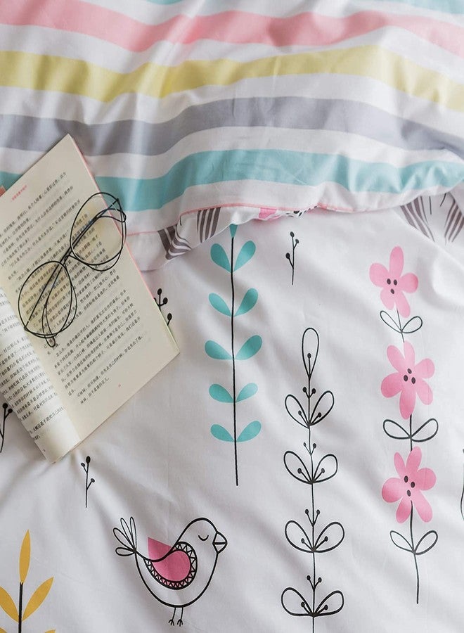 BuLuTu Floral Bird Print Pattern Girls Duvet Cover Full White Premium Cotton Nature Blossom Colorful Reversible Kids Bedroom Comforter Cover Bedding Sets for Teen Toddler,Zipper Closure - Image 5