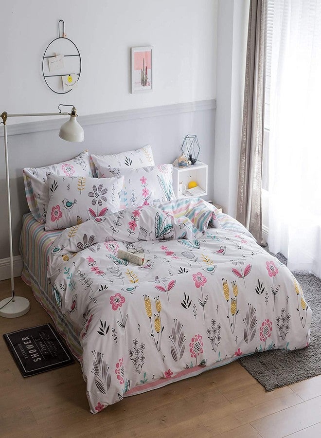 BuLuTu Floral Bird Print Pattern Girls Duvet Cover Full White Premium Cotton Nature Blossom Colorful Reversible Kids Bedroom Comforter Cover Bedding Sets for Teen Toddler,Zipper Closure - Image 2