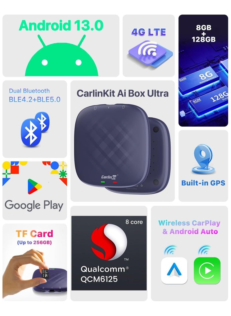 Ai Box Max Android 13، 3 في 1 لترقية كابل OEM CarPlay Android Auto Wireless، 8 core 8GB+128GB، موسيقى فيديو GPS مدمجة تدعم Google Play - Image 5