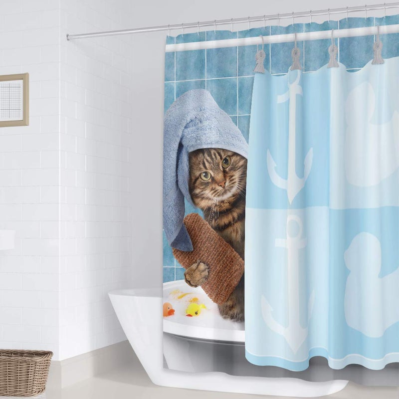 Riyidecor Riyidecor Funny Bathing Cat Shower Curtain 72Wx72H Kids Cute Cartoon Animal Kitten Yellow Rubber Duck Head 12 Pack Plastic Fabric Hooks Wrapped Bath Towel Blue Decor Fabric Polyester - Image 3