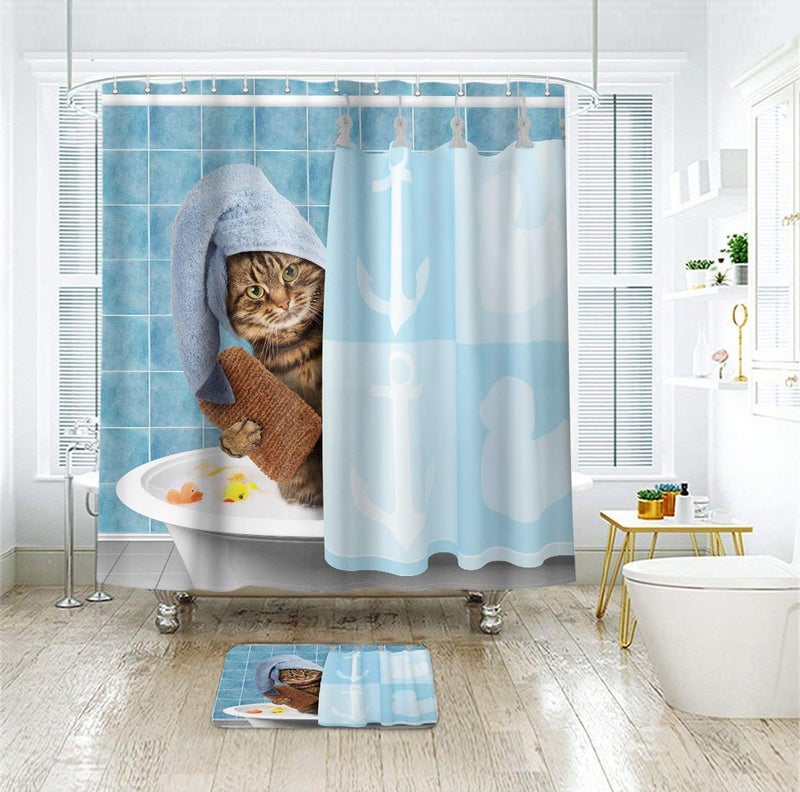 Riyidecor Riyidecor Funny Bathing Cat Shower Curtain 72Wx72H Kids Cute Cartoon Animal Kitten Yellow Rubber Duck Head 12 Pack Plastic Fabric Hooks Wrapped Bath Towel Blue Decor Fabric Polyester - Image 2