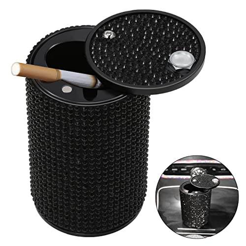 EOCICI Car Ashtray with Lid Smell Proof, Aluminum Crystal Diamond Cigarette Smokeless Automotive Ashtray, Cup Holder Detachable Easy Clean Ash Tray for Car Women Home Office, Black - Image 1