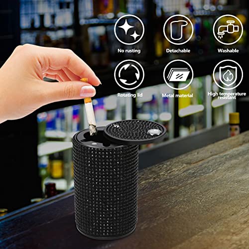 EOCICI Car Ashtray with Lid Smell Proof, Aluminum Crystal Diamond Cigarette Smokeless Automotive Ashtray, Cup Holder Detachable Easy Clean Ash Tray for Car Women Home Office, Black - Image 3