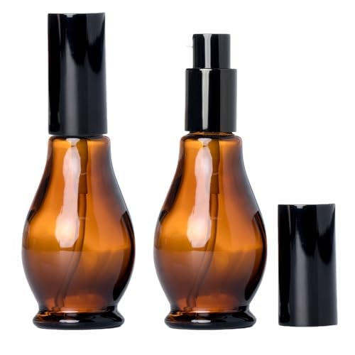 Elandy 2Pcs Empty Refillable Cucurbit Shaped Amber Glass Lotion Pump Bottles Portable Cosmetic Makeup Cream Lotion Container Vial Jar Dispenser with Black Pump Head and Cap50ml17oz - Image 2