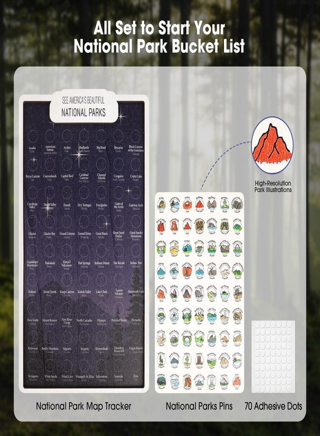 AnairsMo US National Parks Map Tracker, National Park Checklist with All 63 Illustrated Wooden Pins, Gifts for National Park Lovers, Couples, Families & RV Travelers - Image 3