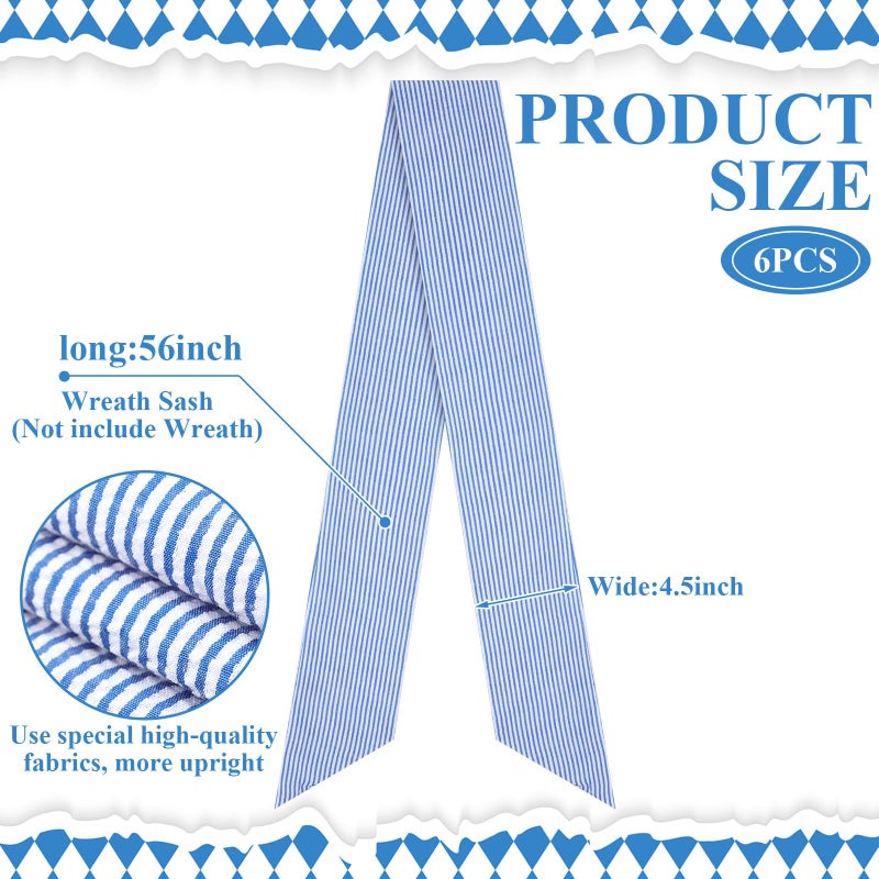 XunYee 6 Pcs Blue Wreath Sash Bulk Valentines Wreath Sash Chinoiserie Spring Summer Garland for Front Door Easter Wedding Indoor Outdoor Kitchen Yard Party Decor 4.5" x 56"(Blue,Striped) - Image 2
