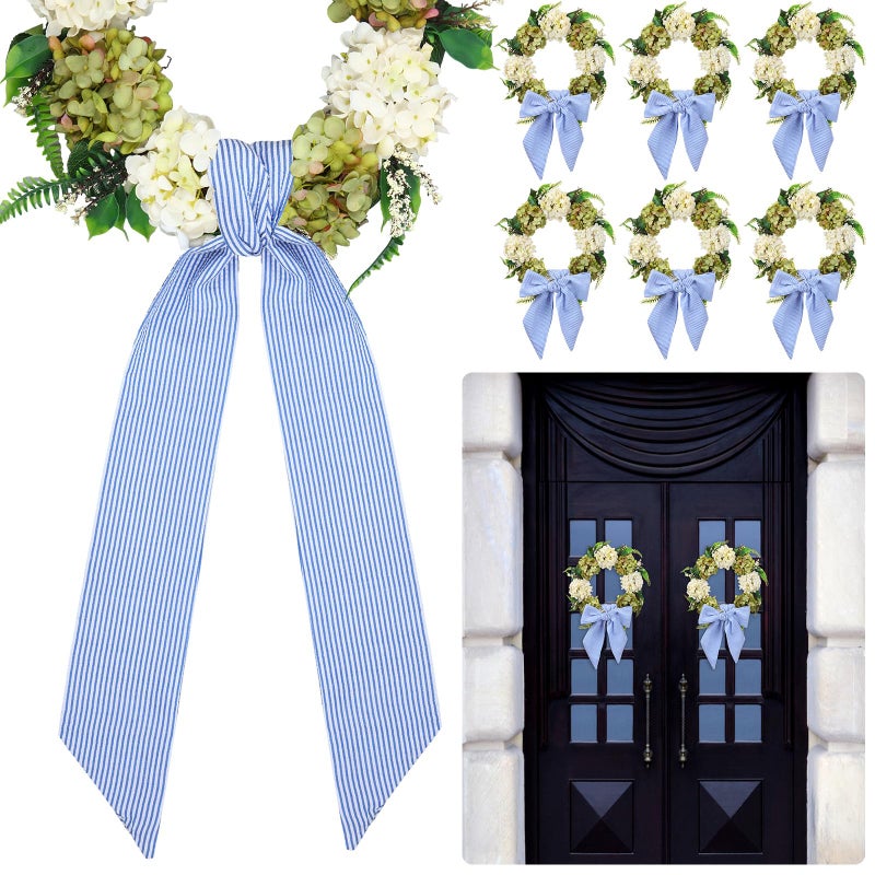 XunYee 6 Pcs Blue Wreath Sash Bulk Valentines Wreath Sash Chinoiserie Spring Summer Garland for Front Door Easter Wedding Indoor Outdoor Kitchen Yard Party Decor 4.5" x 56"(Blue,Striped) - Image 1