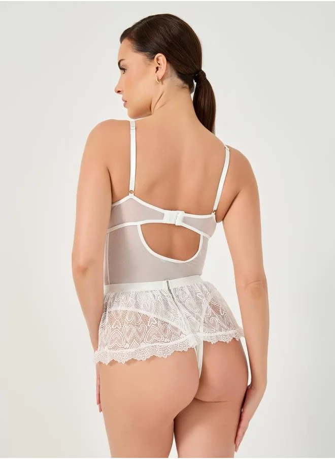 Styli Pack of 2 - Non Padded Wired Heart Lace Design Bodysuit with Skirt