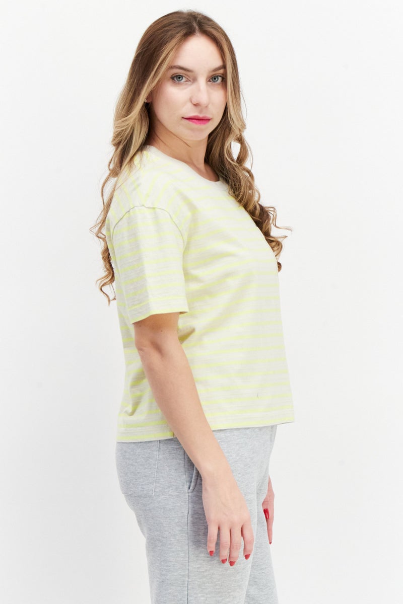 VANS تي شيرت نسائي بأكمام قصيرة وياقة دائرية، مخطط، ليموني - Image 4