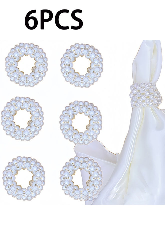 6 Pcs Classic White Imitation Pearl Beaded Round Napkin Rings, Napkin Holders for Wedding Banquet Home Party Decoration Dining Table - Image 1