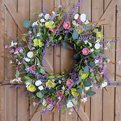 Idyllic 20 Inch Spring Summer Wild Flower Artificial Daisy Front Door Wreath, Everyday Greenery Eucalyptus Leaves for Indoor and Outdoor Use, Rustic Farmhouse Style Home Wreath Decor - Image 3
