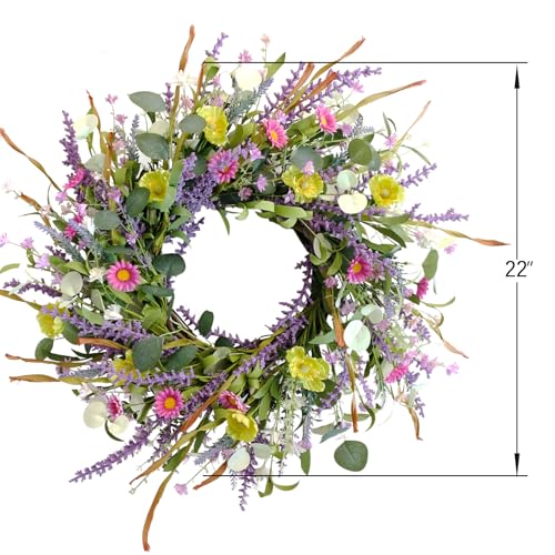 Idyllic 20 Inch Spring Summer Wild Flower Artificial Daisy Front Door Wreath, Everyday Greenery Eucalyptus Leaves for Indoor and Outdoor Use, Rustic Farmhouse Style Home Wreath Decor - Image 2
