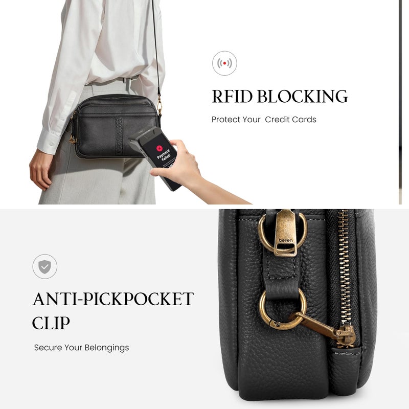 befen Black Leather Crossbody Purse for Women Trendy, Ladies Real Leather Rfid Bag with Adjustable Strap Built in Wallet Purses and Handbags,Structured Small Wallet Cross Body Bags - Image 5