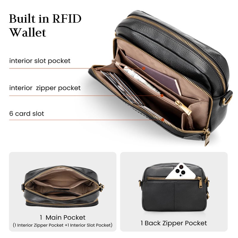 befen Black Leather Crossbody Purse for Women Trendy, Ladies Real Leather Rfid Bag with Adjustable Strap Built in Wallet Purses and Handbags,Structured Small Wallet Cross Body Bags - Image 4