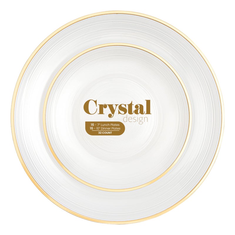 PLASTICPRO 32 Pieces Crystal Design Plastic Plates Combo Pack 7 inch and 10 inch Gold Rim Elegant Disposable Plates Pearl White