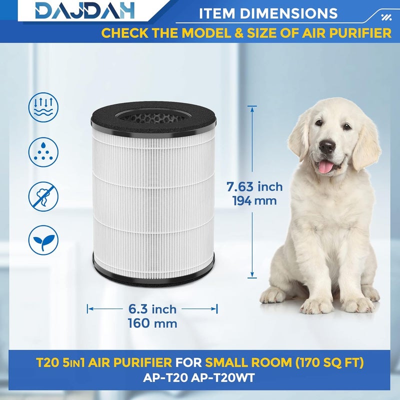 DAJDAH مرشح بديل AP-T20 AP-T20FL متوافق مع جهاز تنقية الهواء Homedics، مرشح بديل لجهاز تنقية الهواء Homedics Total Clean 3 في 1 موديلات AP-T20 وAP-T20WT مع مرشح HEPA حقيقي عالي الجودة، عبوة من 2 - Image 3