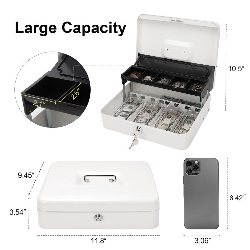 Jssmst Locking Large Metal Cash Box with Money Tray, Money Box with Key Lock, White, SM-CB0504L - Image 3
