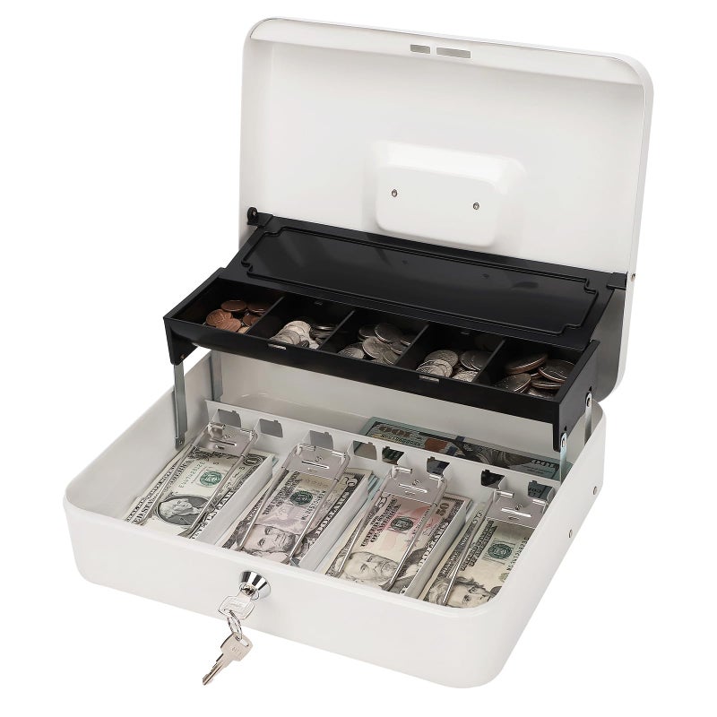 Jssmst Locking Large Metal Cash Box with Money Tray, Money Box with Key Lock, White, SM-CB0504L - Image 1