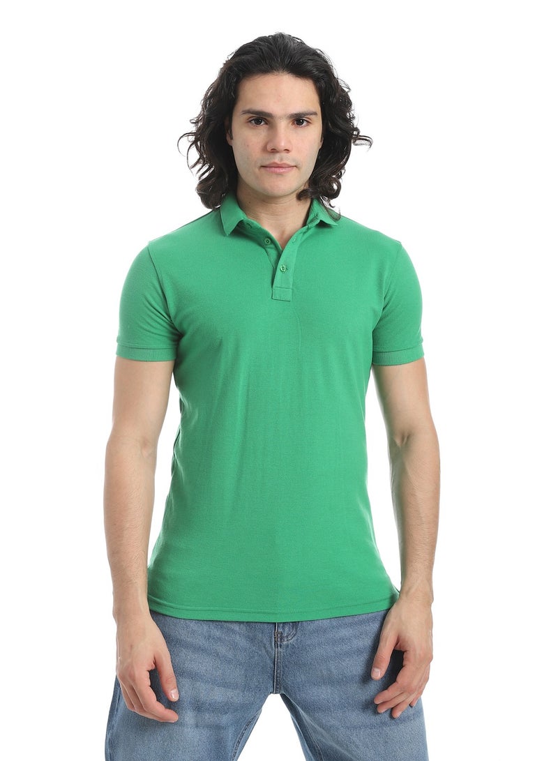 Andora Turn Down Collar Pique Green Polo Shirt_Green - Image 1