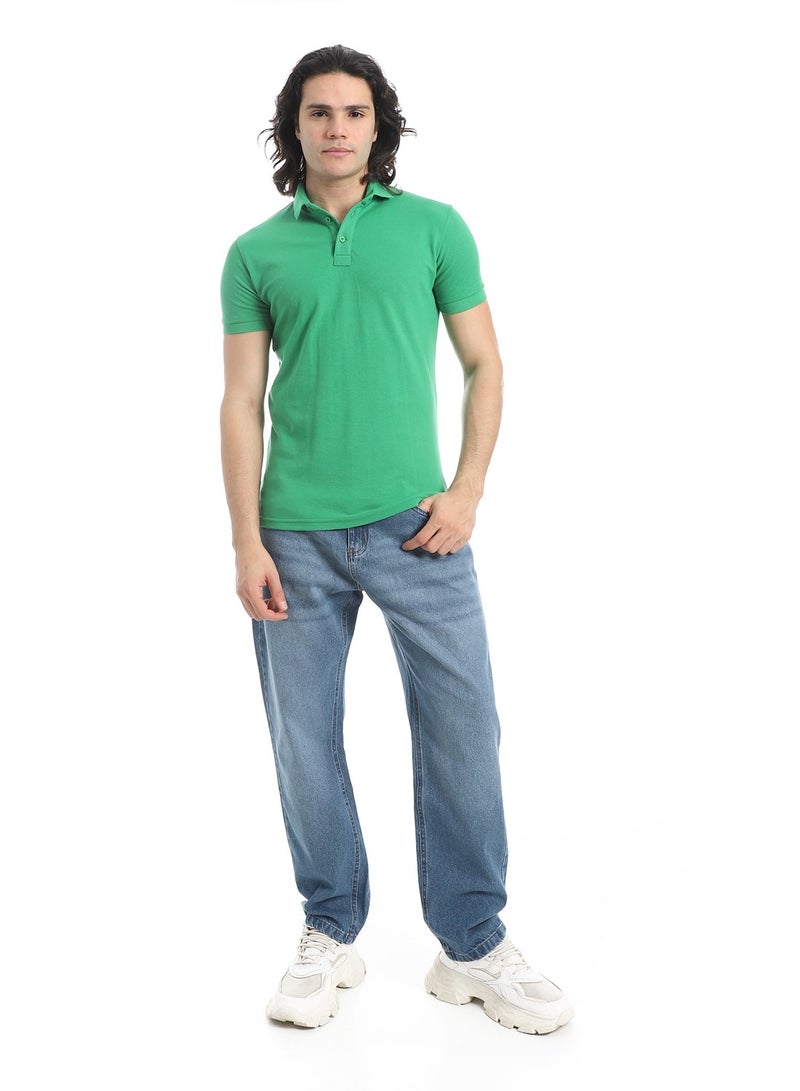 Andora Turn Down Collar Pique Green Polo Shirt_Green - Image 5