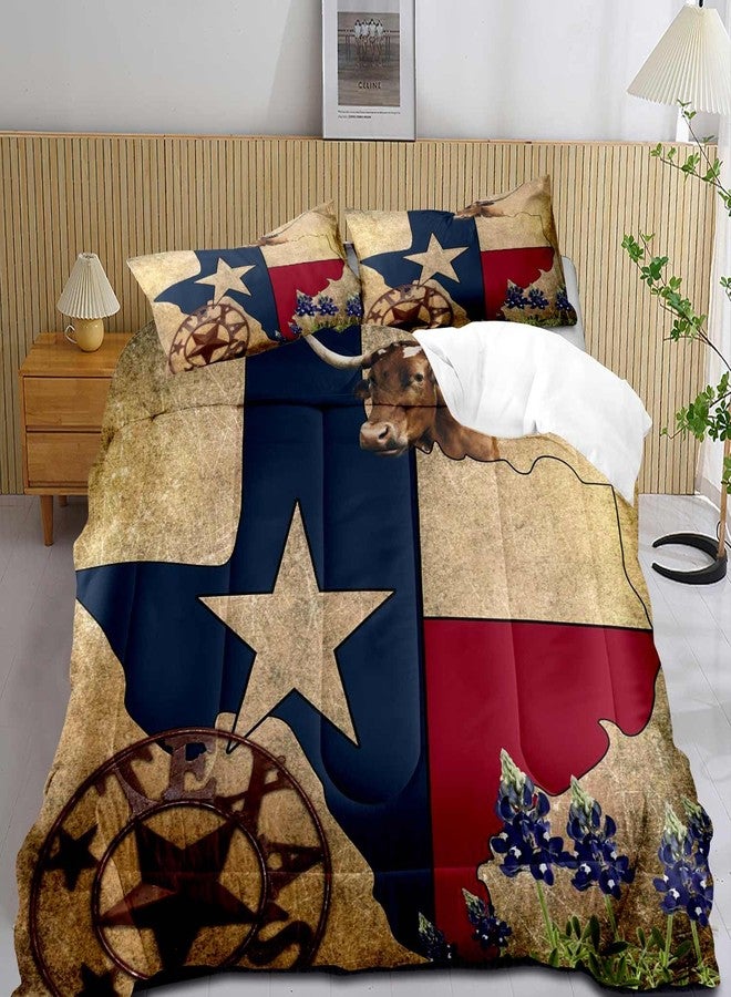 LUVIVIHOME 3PCS Western Comforter Set Queen Size, Brown Vintage Bedding All Season, Texas Flag Cattle Bull Bluebonnet Ranch Wild West Southwest Rodeo Cowboy Bedroom Decor, Soft Quilt, 1 Pillow Shams - Image 1