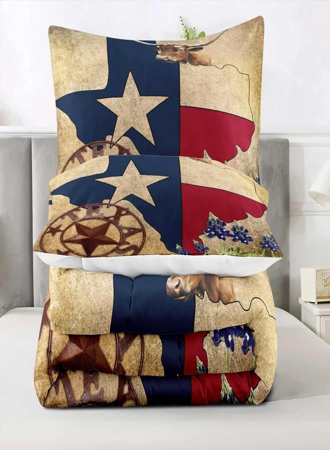 LUVIVIHOME 3PCS Western Comforter Set Queen Size, Brown Vintage Bedding All Season, Texas Flag Cattle Bull Bluebonnet Ranch Wild West Southwest Rodeo Cowboy Bedroom Decor, Soft Quilt, 1 Pillow Shams - Image 4