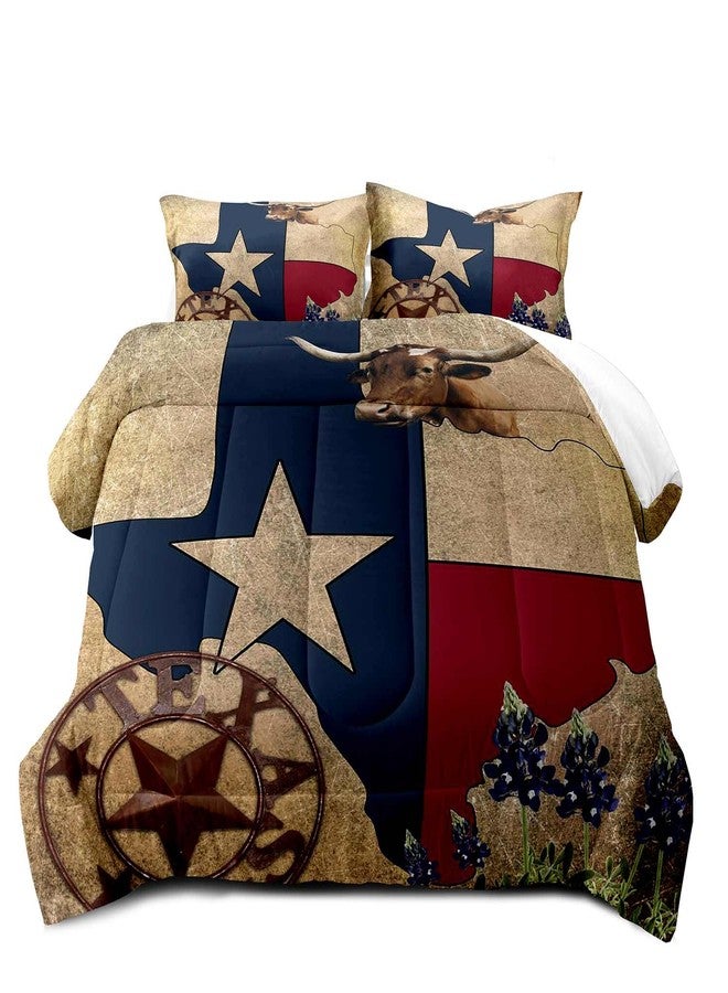 LUVIVIHOME 3PCS Western Comforter Set Queen Size, Brown Vintage Bedding All Season, Texas Flag Cattle Bull Bluebonnet Ranch Wild West Southwest Rodeo Cowboy Bedroom Decor, Soft Quilt, 1 Pillow Shams - Image 2