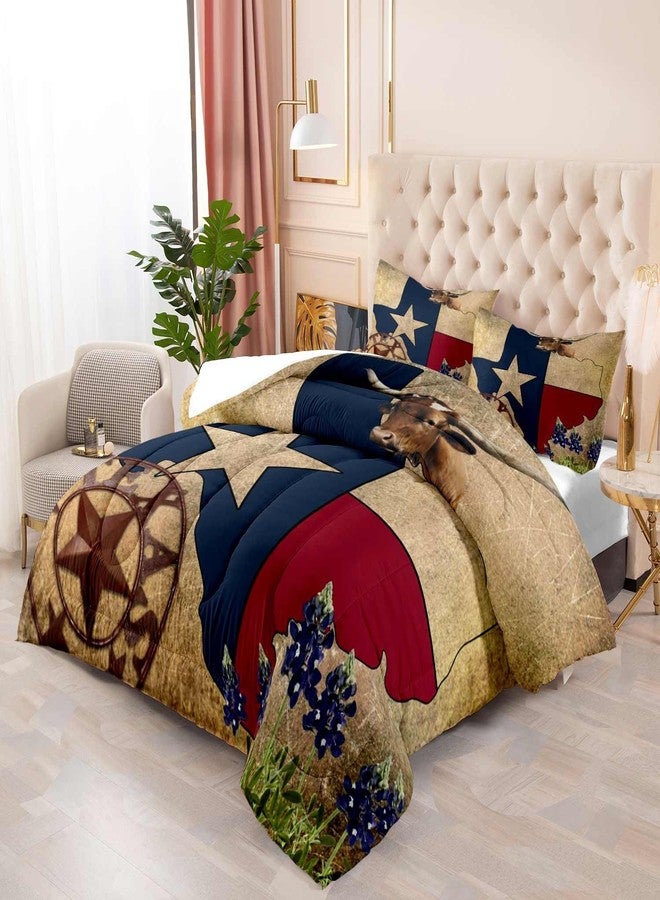LUVIVIHOME 3PCS Western Comforter Set Queen Size, Brown Vintage Bedding All Season, Texas Flag Cattle Bull Bluebonnet Ranch Wild West Southwest Rodeo Cowboy Bedroom Decor, Soft Quilt, 1 Pillow Shams - Image 3