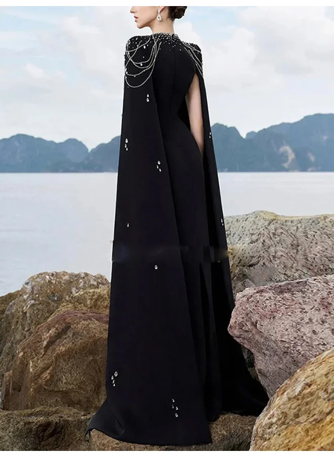 Madam Uniq New Floral Beaded Chain-Strap Long Cape Sleeve Maxi Dress