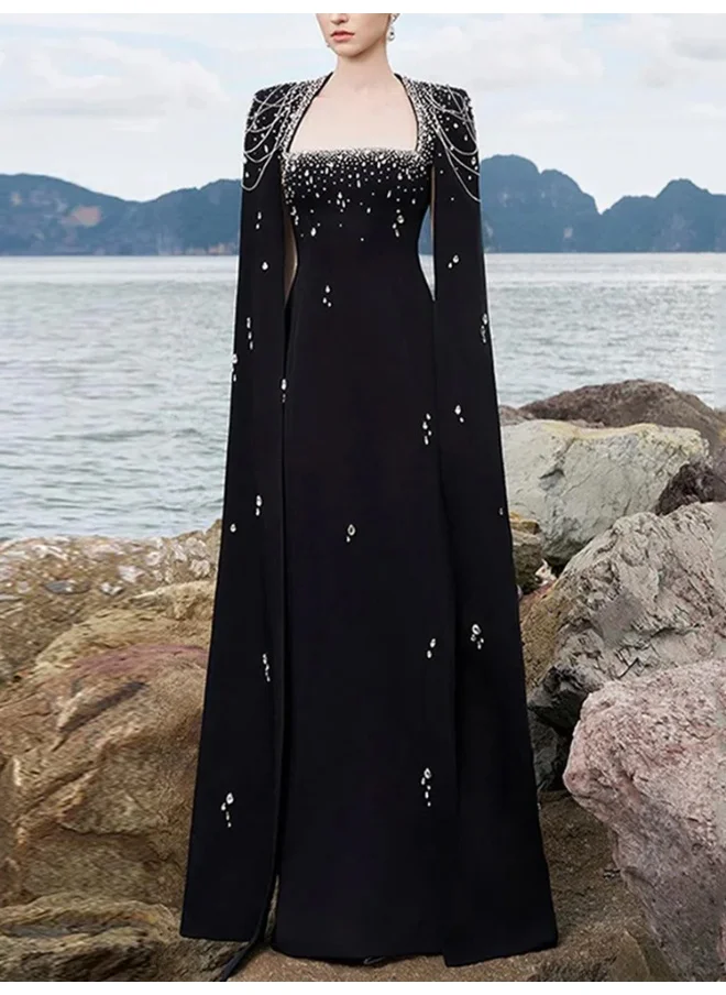 Madam Uniq New Floral Beaded Chain-Strap Long Cape Sleeve Maxi Dress