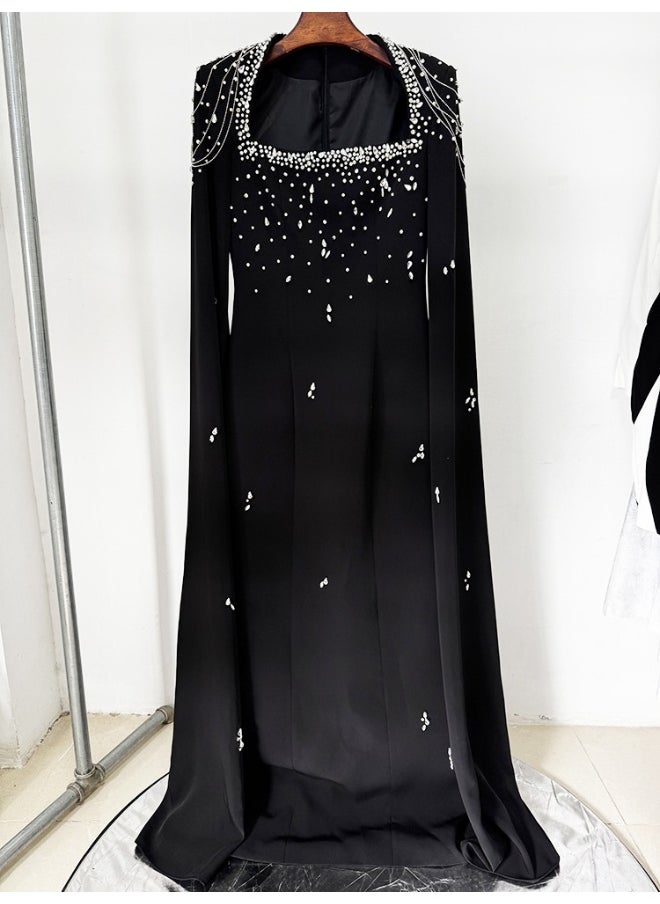 Madam Uniq - New Floral Beaded Chain-Strap Long Cape Sleeve Maxi Dress - Image 1