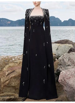 New Floral Beaded Chain-Strap Long Cape Sleeve Maxi Dress