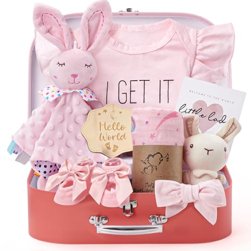 Golray Baby Shower Gifts for Girls Baby Girl Gifts Baskets with Rattle BlanketBodysuit Set New Born Essential Stuff Gender Reveal Ideas Infant New Born Baby Girls Gift Basket - Image 1