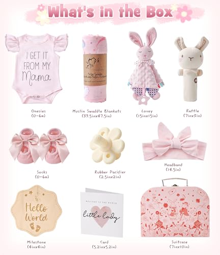 Golray Baby Shower Gifts for Girls Baby Girl Gifts Baskets with Rattle BlanketBodysuit Set New Born Essential Stuff Gender Reveal Ideas Infant New Born Baby Girls Gift Basket - Image 3