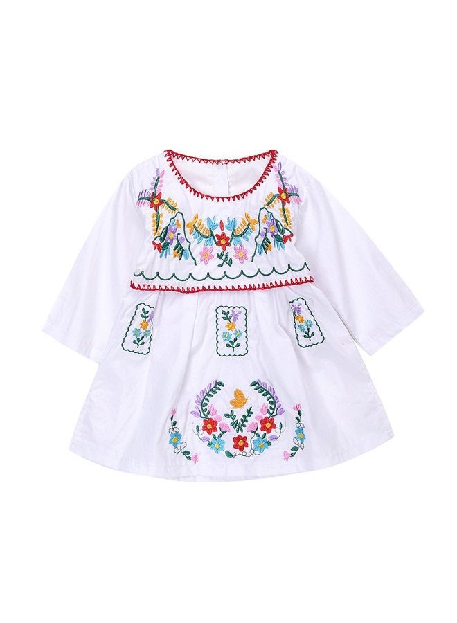 Kashoer Newborn Toddler Baby Girls Ethnic Embroidery Floral Dress Long Sleeve Party Sundress Skirt, White, 0-6 Months - Image 1