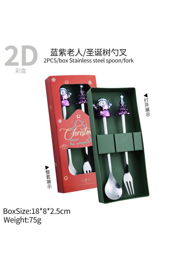 Q Christmas Spoon Suit Christmas Gift Tableware Two-piece Dessert Spoon Fork Santa Elk Doll Spoon