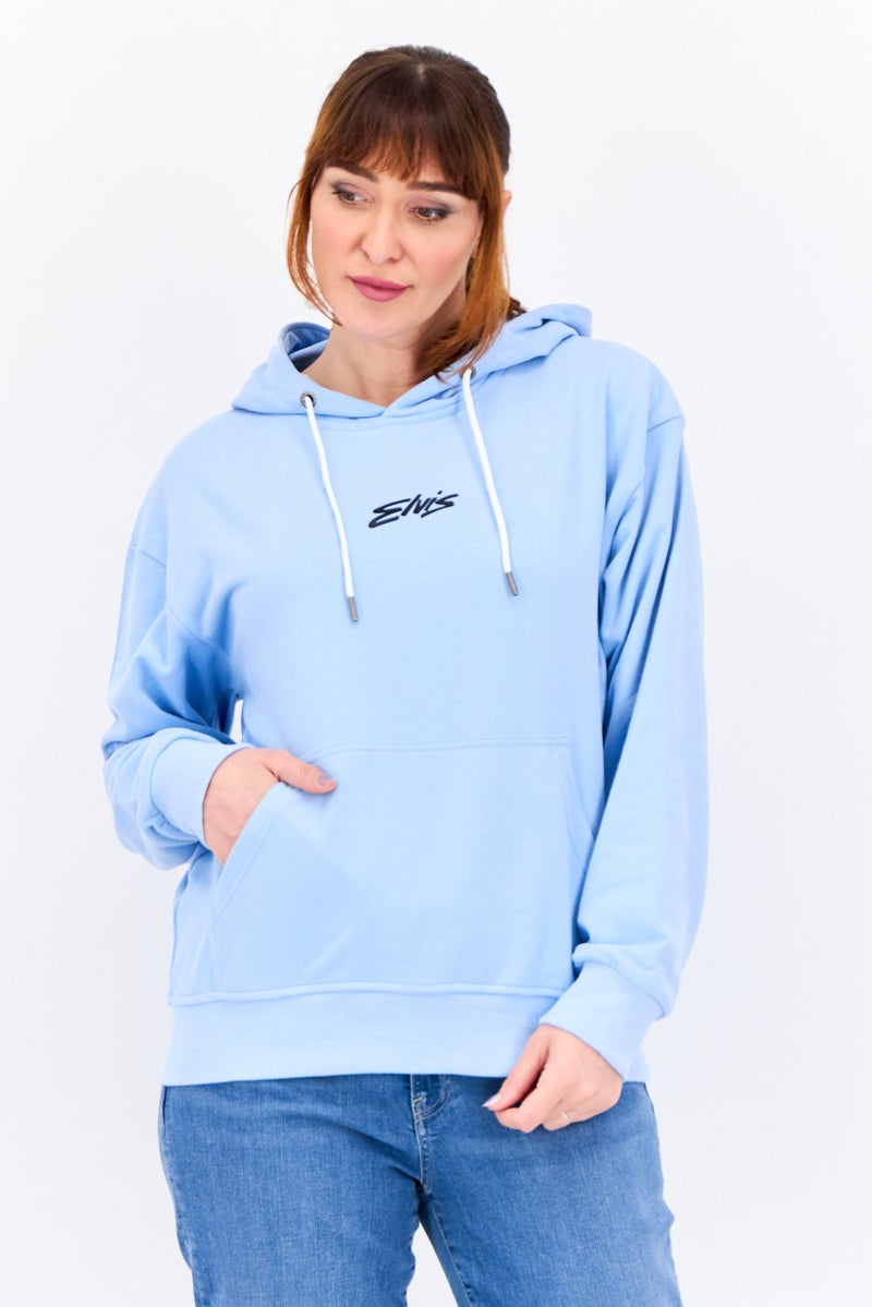 ELVIS سويت شيرت نسائي بغطاء رأس بشعار العلامة التجارية بأكمام طويلة، أزرق غامق - Image 1