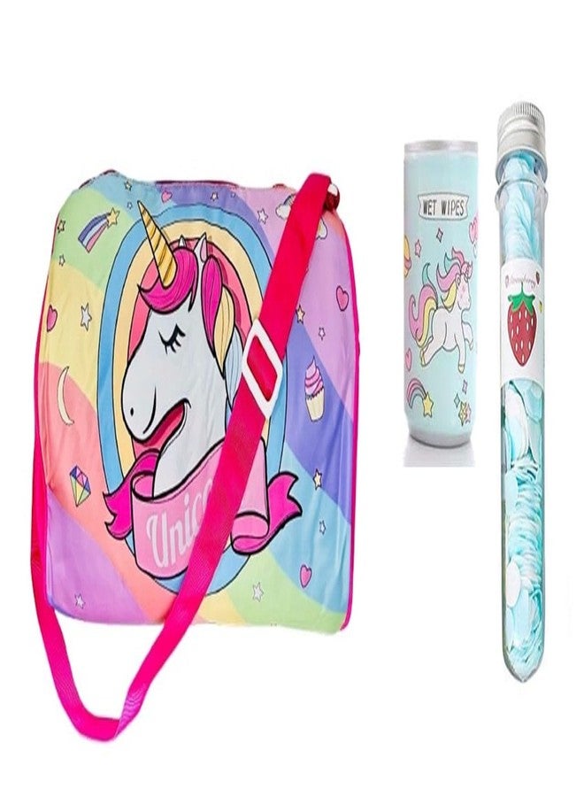 MINDFIT Duffle Bag + Wet Wipes + Paper Soap Combo | Travel Kit for Kids & Girls | Hygiene Essentials with Stylish Bag | Ideal for School, Travel & Gifting (Unicorn_Combo 2) - Image 1