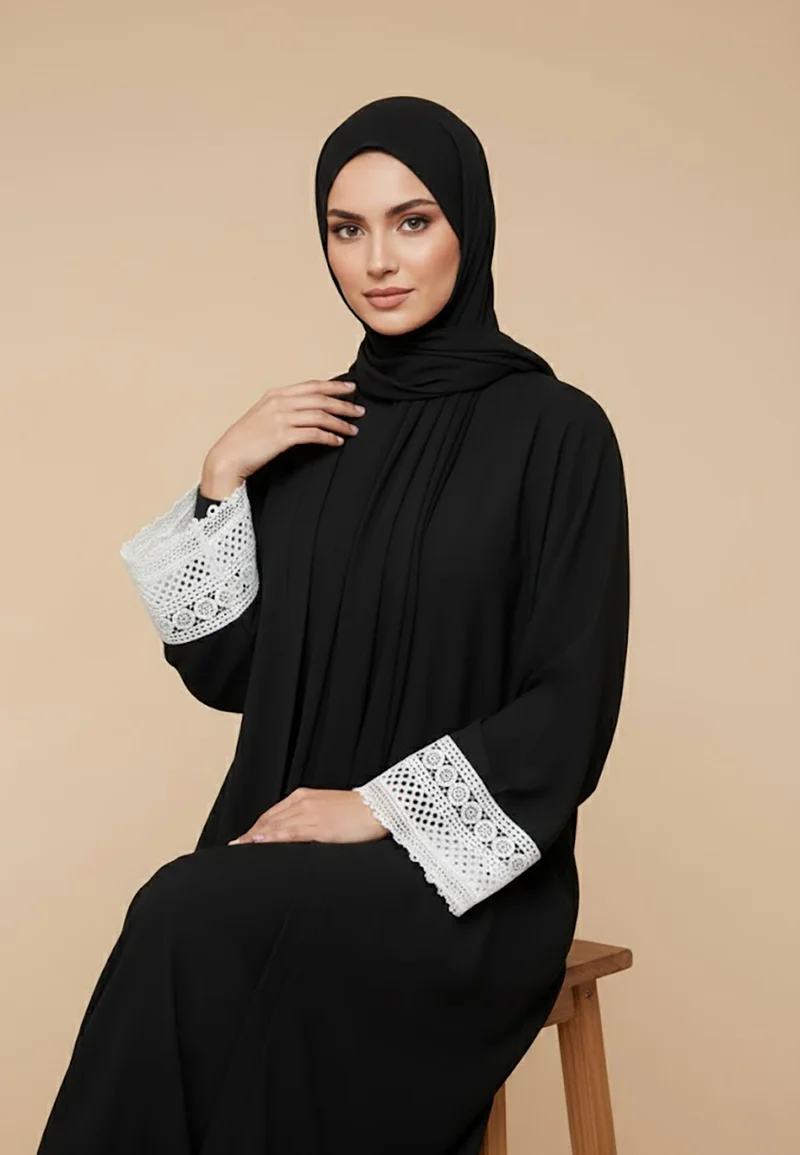 Nukhbaa  Classic Black Abaya with White Crochet Lace Hem & Cuffs | Nida Fabric-787 for Women | Best Price UAE
