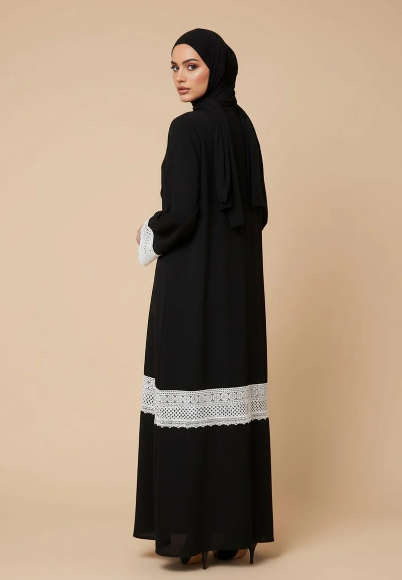 Nukhbaa  Classic Black Abaya with White Crochet Lace Hem & Cuffs | Nida Fabric-787 for Women | Best Price UAE