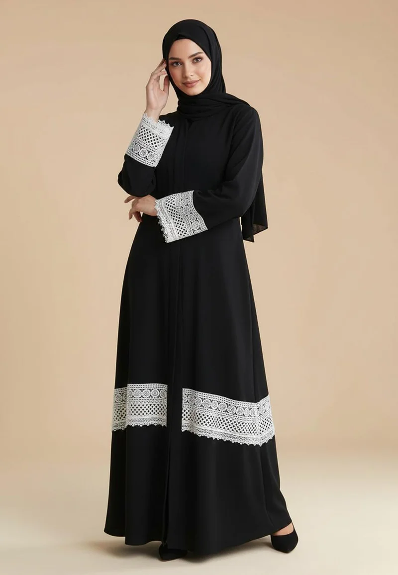Classic Black Abaya with White Crochet Lace Hem & Cuffs | Nida Fabric-787