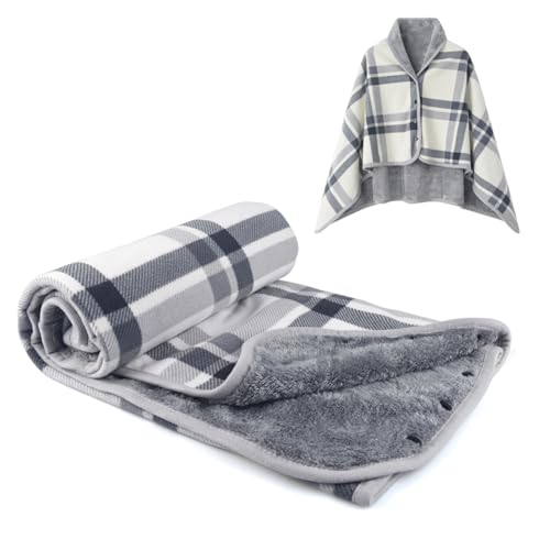 forestfish Fleece Wearable Blanket, Plaid Lap Blanket Comfy Poncho Throw with Buttons for Bed Sofa Office, Grey-White - Image 1