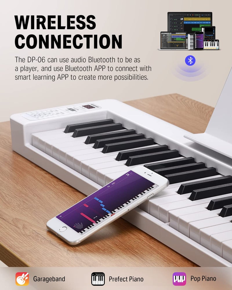 Donner 61-Key Folding Bluetooth Keyboard Piano for Beginners, Portable Piano Keyboard with Music Rest, Bag, Pedal, and App - White - Image 3