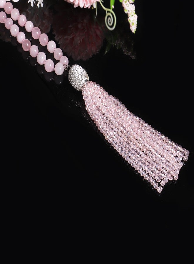 Concise Royal Natural Pink Rose Quartz Necklace for Women, Beaded Long Tassel Pendant Chakra Healing Crystal Necklace - Image 3